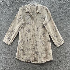 White Stuff Shirt Women 10 Beige Linen Dragonfly Button Up Long Sleeve Tunic Top